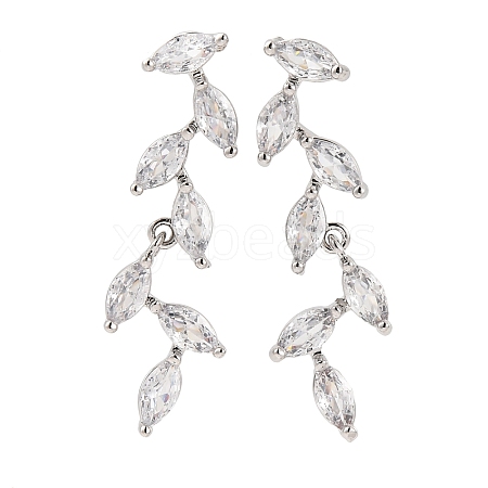 Leaf Brass Micro Pave Clear Cubic Zirconia Dangle Stud Earrings EJEW-F348-02P-1