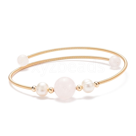 Natural Rose Quartz & Pearl Round Beaded Bangle BJEW-JB08464-02-1