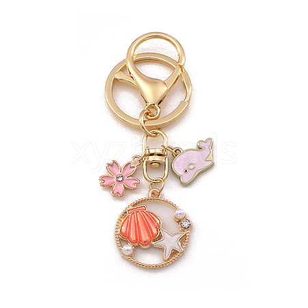 Shell Starfish Alloy Enamel Pendant Keychain with Dolphin & Flower Charm OCEA-PW0001-32B-1