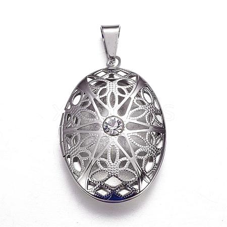 304 Stainless Steel Rhinestone Locket Pendants STAS-P056-10P-1