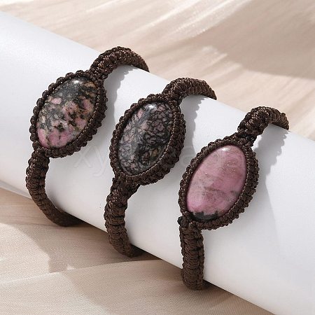 Adjustable Oval Natural Rhodonite Braided Bead Bracelets BJEW-H626-02-09-1