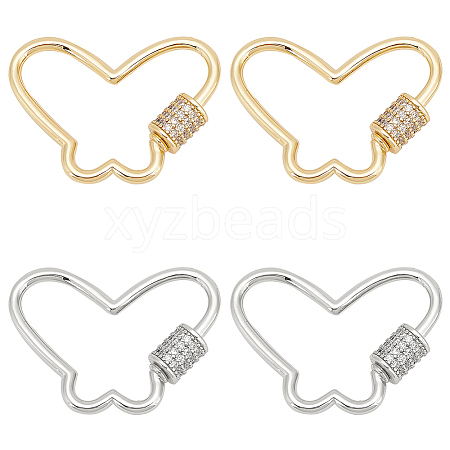 WADORN 4Pcs 2 Colors Butterfly Brass Micro Pave Clear Cubic Zirconia Screw Carabiner Lock Charms KK-WR0001-05-1
