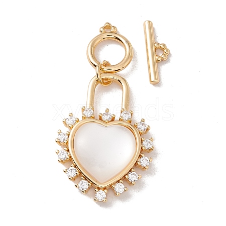 Heart Brass Clear Cubic Zirconia Toggle Clasps KK-G426-01G-1