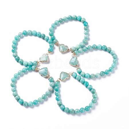 Natural Amazonite Stretch Heart Link Bracelets BJEW-P265-01A-1