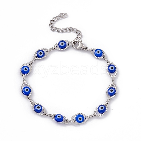 304 Stainless Steel Horse Eye Link Chain Bracelet with Resin Evil Eye Beaded for Women BJEW-F439-01P-02-1