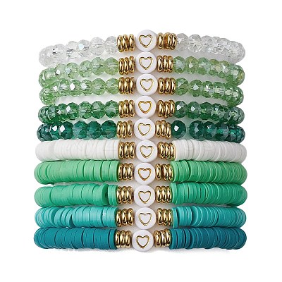 10Pcs Polymer Clay Disc & Glass & Brass Beaded Stretch Bracelets Set BJEW-JB09676-04-1