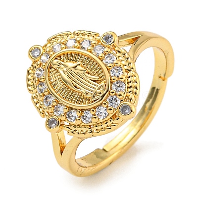Oval with Saint Rack Plating Brass Micro Pave Cubic Zirconia Adjustable Rings RJEW-I105-04G-08-1