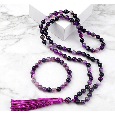 Natural Amethyst Round Beaded Pendant Necklaces & Bracelets Sets FS-WG9D102-22-1
