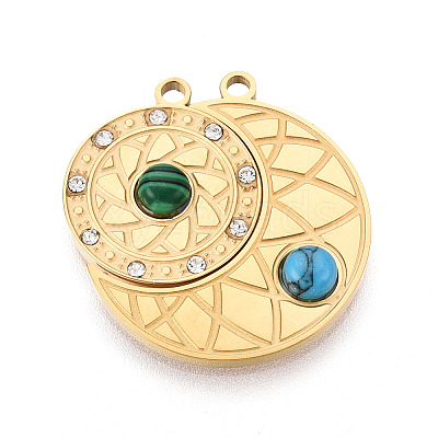 304 Stainless Steel Rhinestone & Synthesis Turquoise Pendants STAS-T074-14G-1