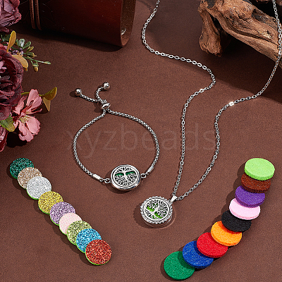 1Pc Stainless Steel Hollow Flat Round with Tree of Life Diffuser Locket Pendant Necklaces & 1Pc Slider Bracelets Sets SJEW-PH0001-27-1