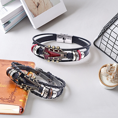2Pcs 2 Colors Alloy & Leather Cord Bracelets for Men Women BJEW-CL0001-57-1