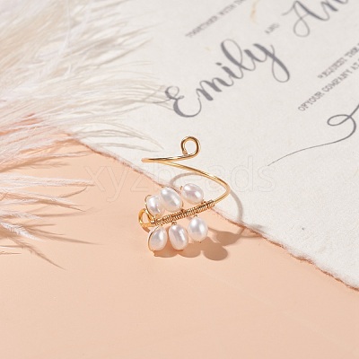 Copper Wire Wrapped Natural Cultured Freshwater Pearl Cuff Rings for Women RJEW-JR00438-1