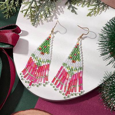 Christmas Tree Glass Seed Beaded Tassel Dangle Earrings for Women EJEW-MZ00207-1