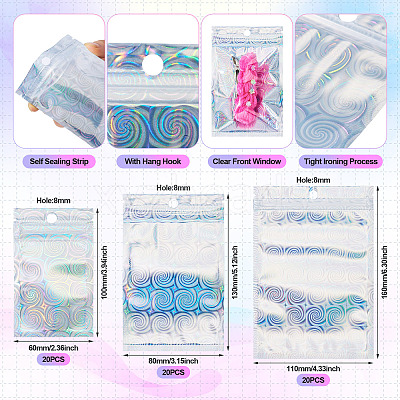 60Pcs 3 Styles Laser Plastic Resealable Bags ABAG-TA0001-56B-1