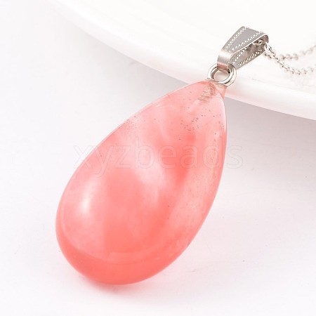 Teardrop Platinum Tone Brass Cherry Quartz Glass Pendants G-F267-07B-1