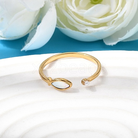 304 Stainless Steel & Natural Shell & Imitation Pearl Cuff Rings for Women RJEW-G372-01G-06-1