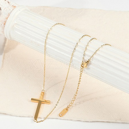 Ion Plating(IP) 304 Stainless Steel Religion Cross Pendant Cable Chain Necklaces for Women NJEW-P320-07G-1