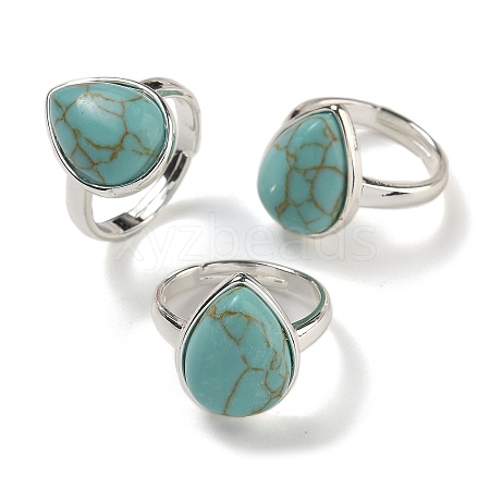 Synthetic Turquoise Teardrop Adjustable Rings RJEW-K371-08S-16-1