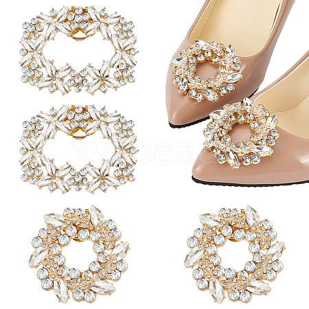 AHADERMAKER 4Pcs 2 Styles Rectangle & Flower Brass Rhinestone Shoe Decorations AJEW-GA0006-93-1