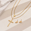 Stainless Steel Rhinestones Double-layer Cross Pendant Necklace & Stud Earrings Set for Women LY3624-1