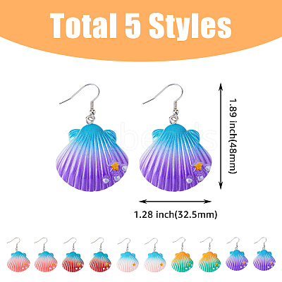 5 Pairs 5 Colors Shell Shape Resin Dangle Earrings with Iron Pins EJEW-FI0001-78-1