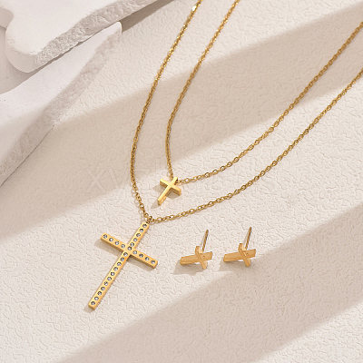 201 Stainless Steel Rhinestones Double-layer Cross Pendant Necklace & Stud Earrings Set for Women LY3624-1