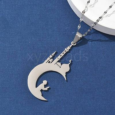 201 Stainless Steel Hollow Moon with Castle and Prayer Pendant Necklaces for Ramadan & Eid Mubarak NJEW-D318-05P-1