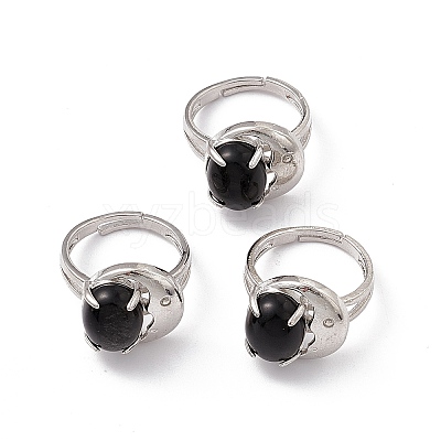 Gemstone Oval with Crescent Adjustable Ring RJEW-P041-02P-1