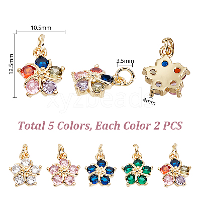 10Pcs 5 Colors Brass Clear Cubic Zirconia Pendants ZIRC-PH0001-49-1