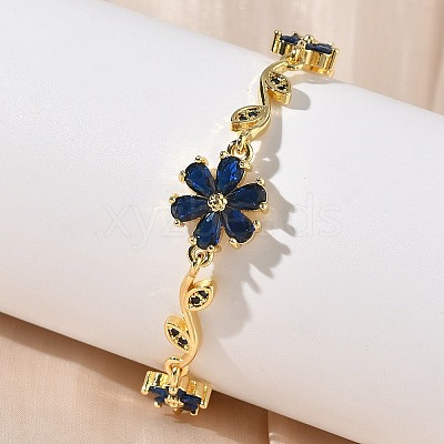 Brass Micro Pave Cubic Zirconia Flower & Leaf Link Chain Bracelets for Women BJEW-G764-03G-1