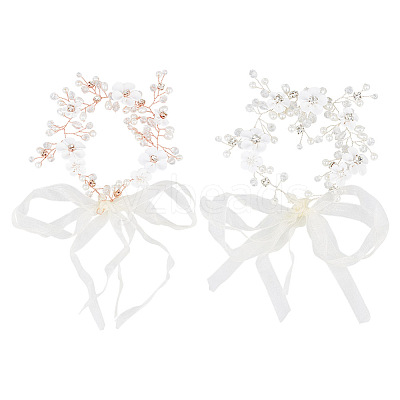 2Pcs 2 Colors Wedding Bridal Flower ABS Plastic Imitation Pearl Headband OHAR-GO0001-09-1