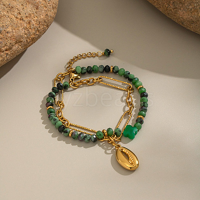 Natural Green Aventurine Beaded & 304 Stainless Steel Figaro Chains Double Layer Bracelets CN7232-1