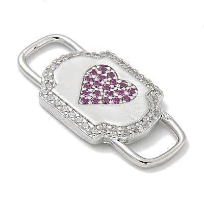 Rack Plating Brass Micro Pave Clear & Orchid Cubic Zirconia Heart Mask Connector Charms KK-L224-065P-1