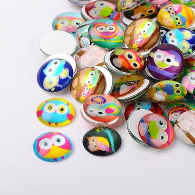 Cartoon Owl Printed Glass Half Round/Dome Cabochons GGLA-N004-18mm-B-1