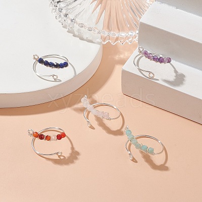 Natural Mixed Gemstone Round Beaded Open Cuff Rings RJEW-JR00566-1