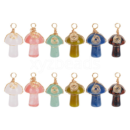 12Pcs 6 Styles Natural & Synthetic Mixed Gemstone Copper Wire Wrapped Pendants PALLOY-AB00182-1