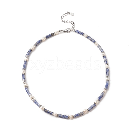 Natural Blue Spot Jasper & Pearl & Crystal Rhinestone Beaded Necklace for Women NJEW-JN04209-01-1