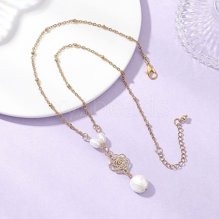 Natural Keshi Pearl Flat Round and Alloy Flower Pendant 304 Stainless Steel Satellite Chain Necklaces for Women NJEW-JN05619-1