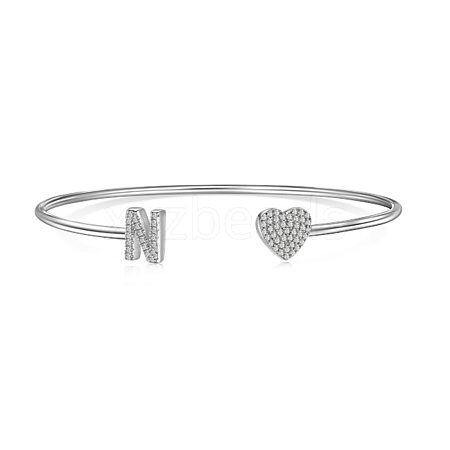 Anti-Tarnish Heart & Letter Rhodium Plated 925 Sterling Silver Micro Pave Cubic Zirconia Cuff Bangles for Women BJEW-C062-01N-P-1