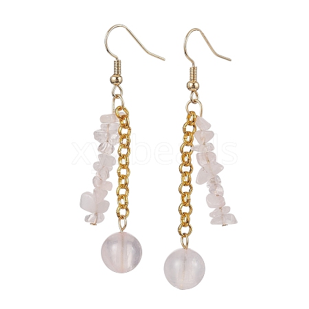 Round & Chip Natural Rose Quartz Dangle Earrings EJEW-JE05867-1