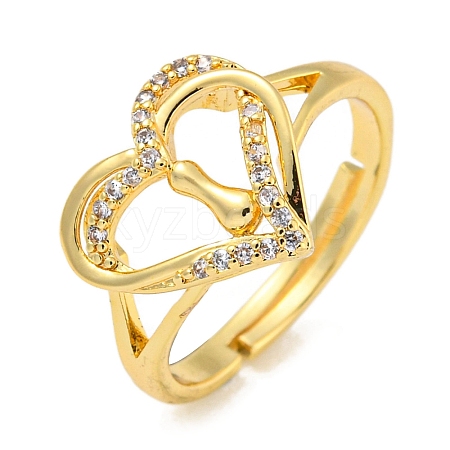 Heart with Letter Rack Plating Brass Micro Pave Clear Cubic Zirconia Adjustable Rings for Women RJEW-I105-01G-I-1