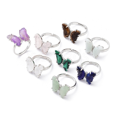 Natural & Synthetic Mixed Gemstone Butterfly Adjustable Rings RJEW-K246-01P-1