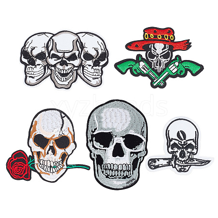 HOBBIESAY 5Pcs 5 Style Skull Computerized Embroidery Cloth Iron on Patches PATC-HY0001-23-1