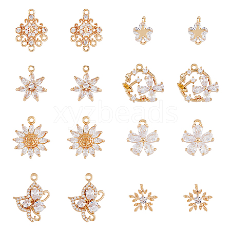 DICOSMETIC 16Pcs 8 Styles Brass Micro Pave Cubic Zirconia Pendants KK-DC0002-83-1