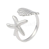 304 Stainless Steel Starfish & Shell Open Cuff Rings for Women LS-RJEW-C095-09P-1