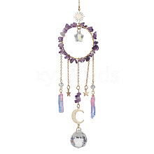 Natural Amethyst Chip Pendant Decorations with Brass Moon & Cable Chain & Electroplated Quartz Crystal Tassel HJEW-JM01650-03