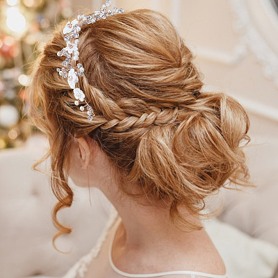 2Pcs 2 Colors Wedding Bridal Flower ABS Plastic Imitation Pearl Headband OHAR-GO0001-09-1