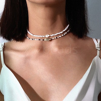 Bohemian Ethnic Style Natural Shell & Glass Seed Beaded Double Layer Choker Necklaces FS-WG063D6-01-1
