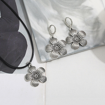Flower Alloy with Imitation Leather Cord Pendant Necklace & Hoop Earring Sets FS-WGDD3CA-01-1