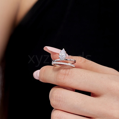 Anti-Tarnish Rhodium Plated 925 Sterling Silver Teardrop Finger Rings RJEW-Z040-07P-1
